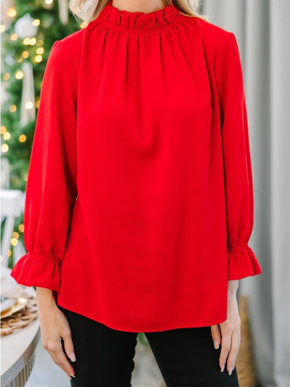 Ruffled Mock-Neck Red Blouse - Womens Long Sleeve Top